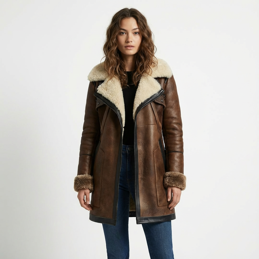 Women's Leather Shearling Coat for Winter