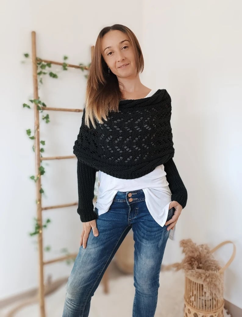 Women’s Knitted Wool Shrug with Sleeves for Winter