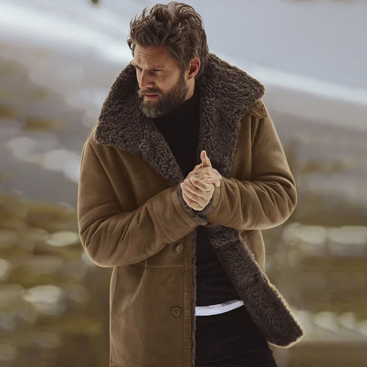 Men’s Shearling Leather Coat for Winter