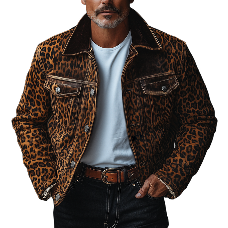 Men's Trendy Suede Jacket with Leopard Print and Chest Pocket 4H8J2K5L1