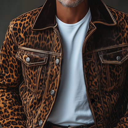 Men's Trendy Suede Jacket with Leopard Print and Chest Pocket 4H8J2K5L1