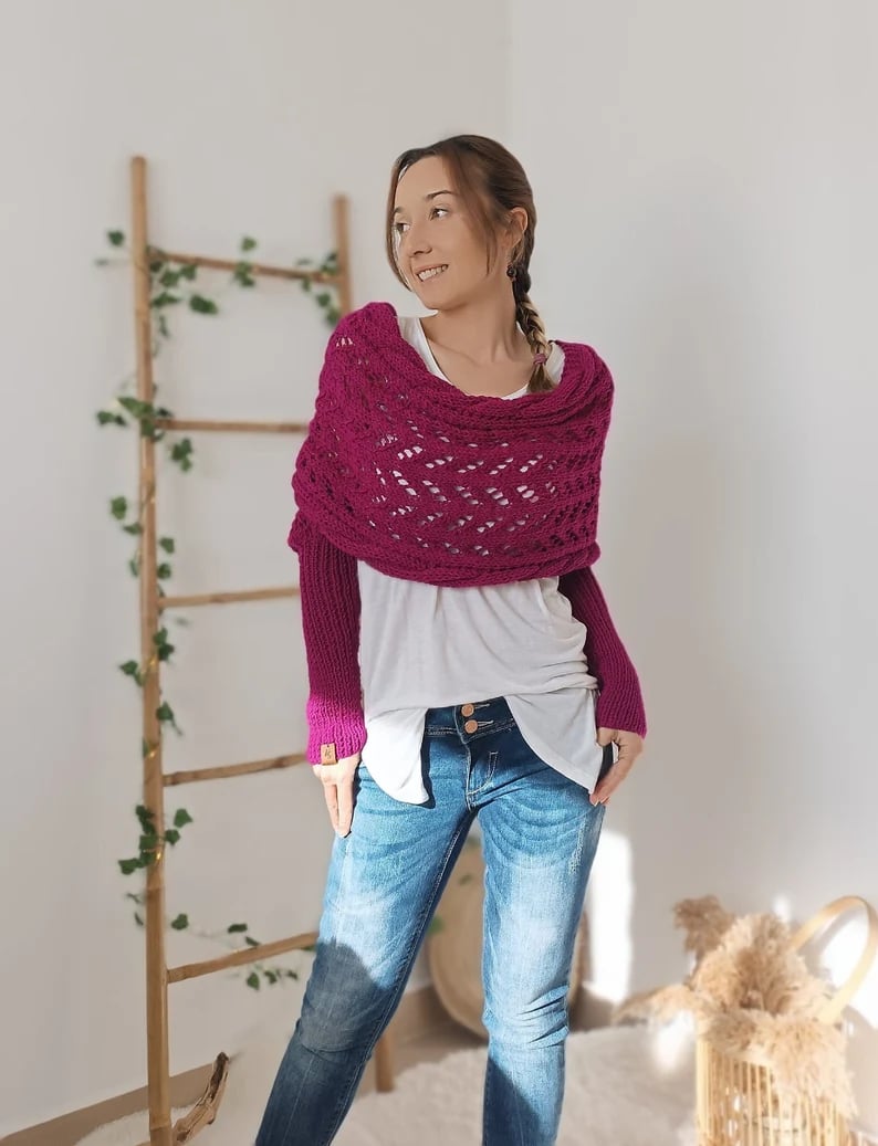 Women’s Knitted Wool Shrug with Sleeves for Winter