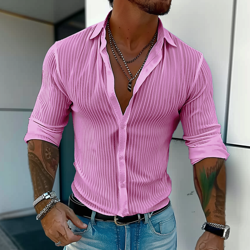 Men's Solid Color Long Sleeve Striped Collar Shirt 87654321Y