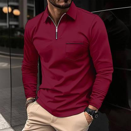 Men's Zippered Lapel Long Sleeve Polo with Chest Pocket 74920183Y