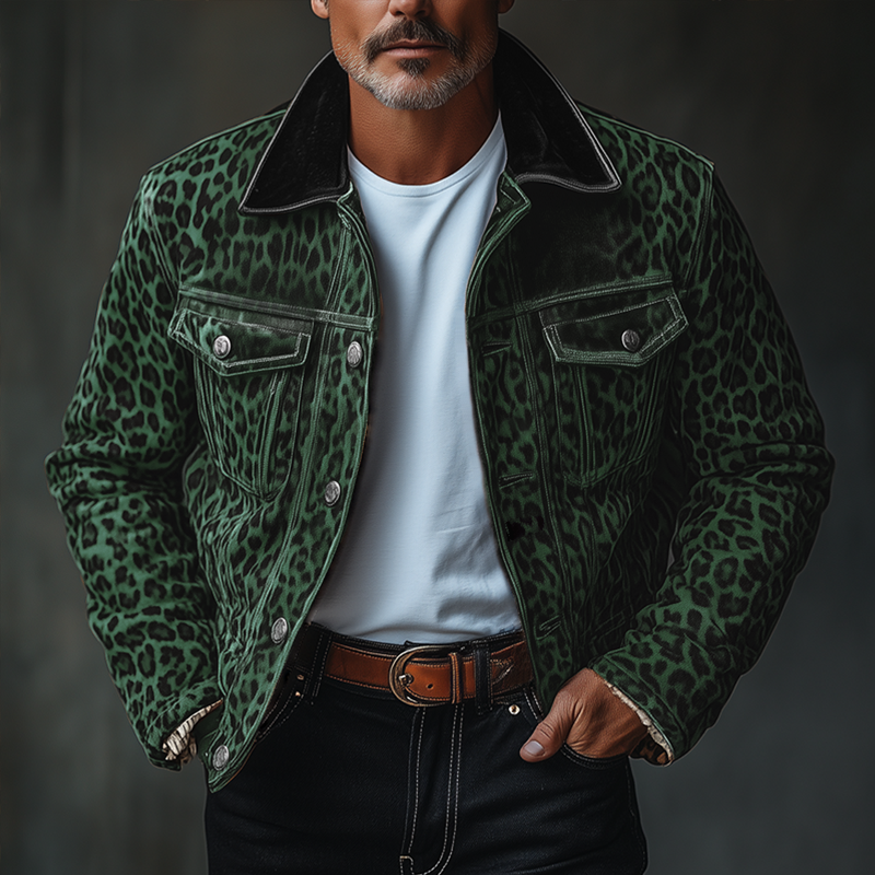 Men's Trendy Suede Jacket with Leopard Print and Chest Pocket 4H8J2K5L1