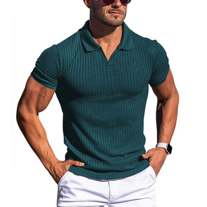 Men's Striped Lapel Polo Shirt with Short Sleeves 91234768Y