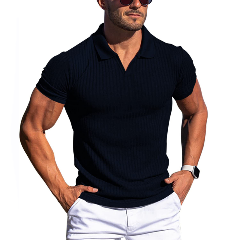 Men's Striped Lapel Polo Shirt with Short Sleeves 91234768Y