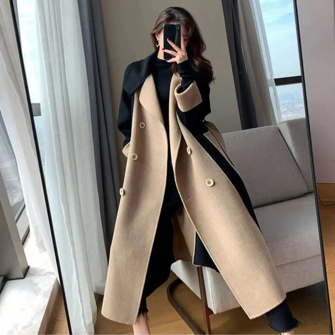 Women's Long Wool Mix Double Breasted Winter Coat
