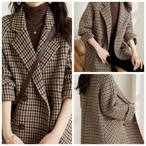 Women’s Wool Blend Houndstooth Blazer Jacket for Winter Wear