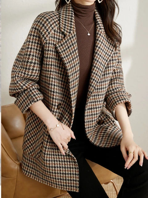Women’s Wool Blend Houndstooth Blazer Jacket for Winter Wear