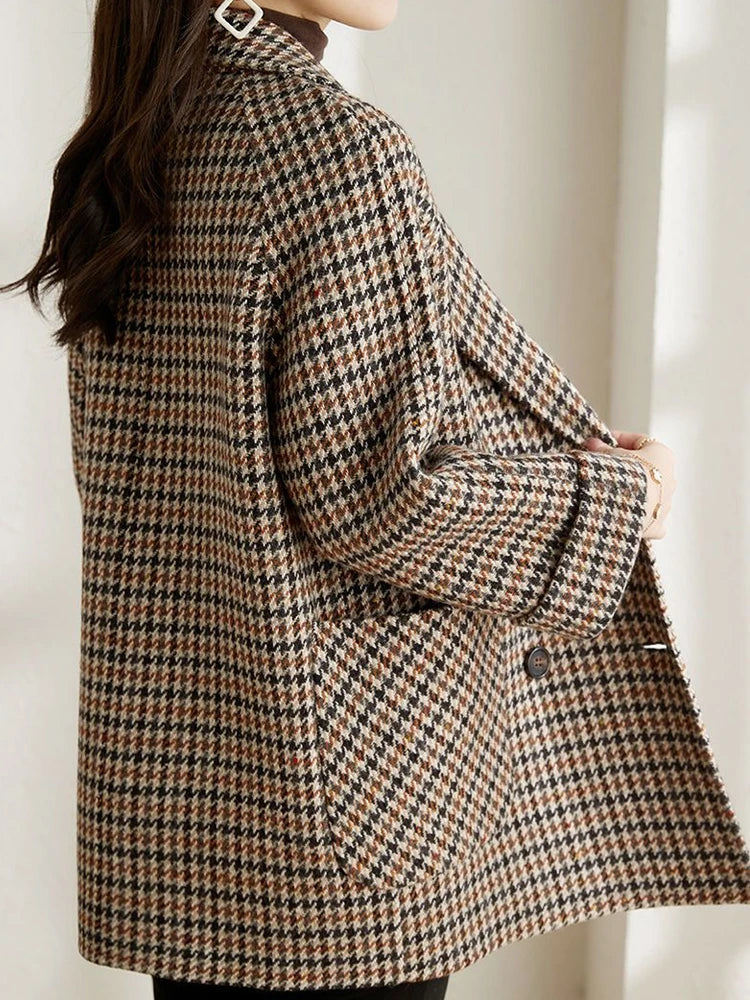 Women’s Wool Blend Houndstooth Blazer Jacket for Winter Wear