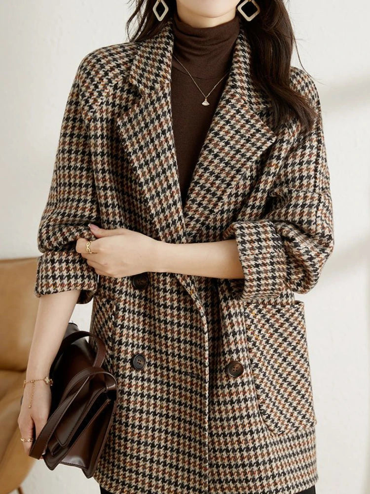Women’s Wool Blend Houndstooth Blazer Jacket for Winter Wear