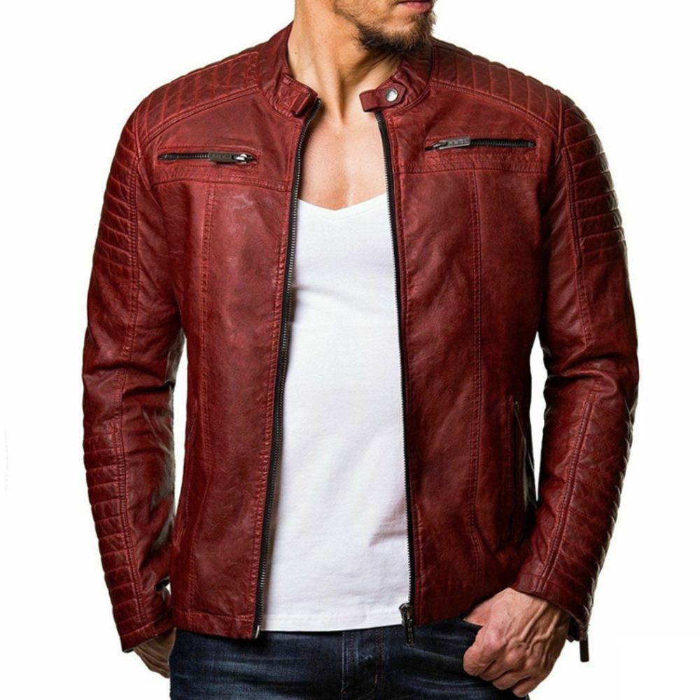 Men's Leather Jacket with One Chest Pocket X5Y7Z3A1B