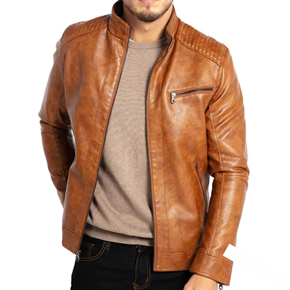 Men's Leather Jacket with One Chest Pocket X5Y7Z3A1B