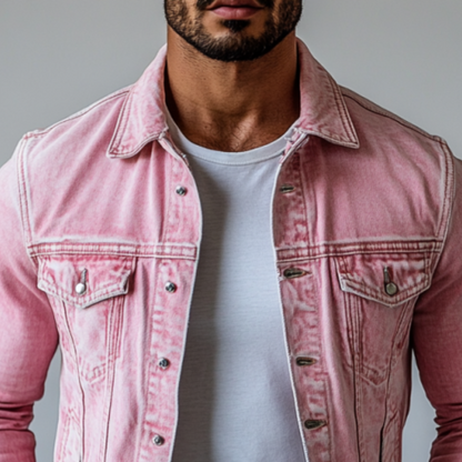 Men's Vintage Pink Denim Jacket with Multiple Pockets and Lapel 8F3K1L2M9