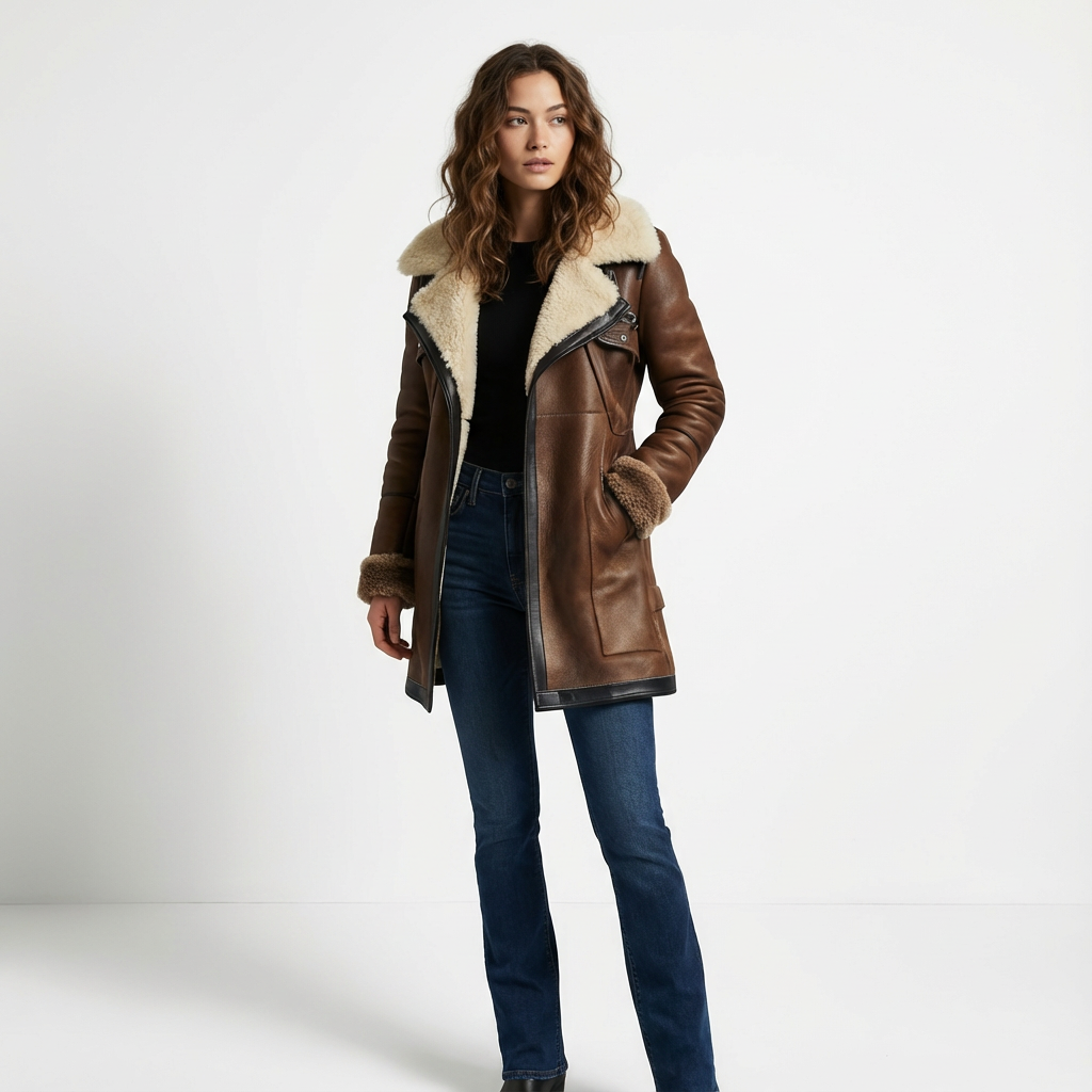 Women's Leather Shearling Coat for Winter