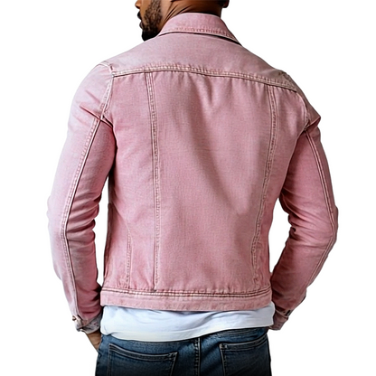 Men's Vintage Pink Denim Jacket with Multiple Pockets and Lapel 8F3K1L2M9