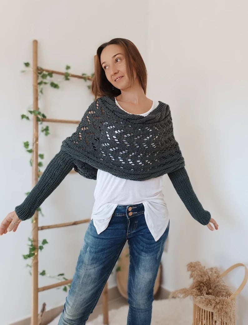 Women’s Knitted Wool Shrug with Sleeves for Winter