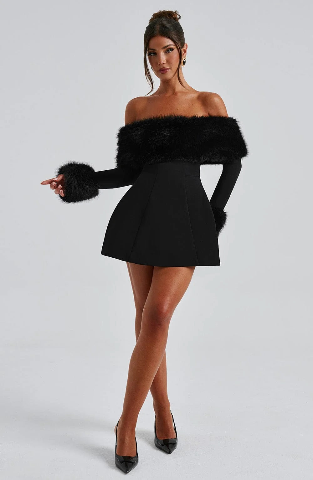 Women’s Off Shoulder Mini Dress with Faux Fur Trim for Winter Evening Wear