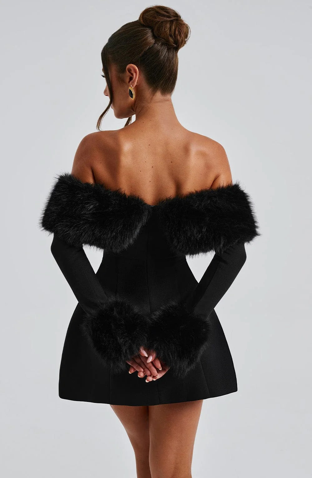 Women’s Off Shoulder Mini Dress with Faux Fur Trim for Winter Evening Wear