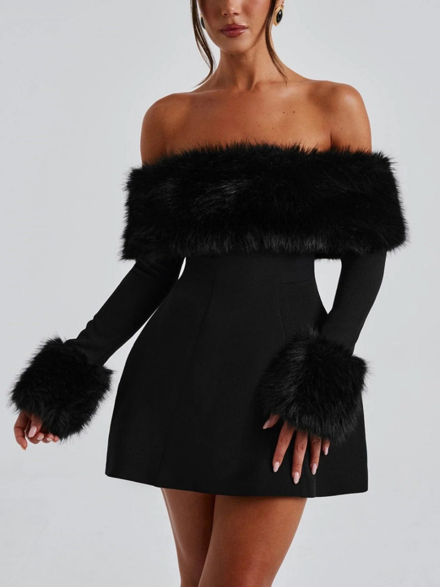 Women’s Off Shoulder Mini Dress with Faux Fur Trim for Winter Evening Wear