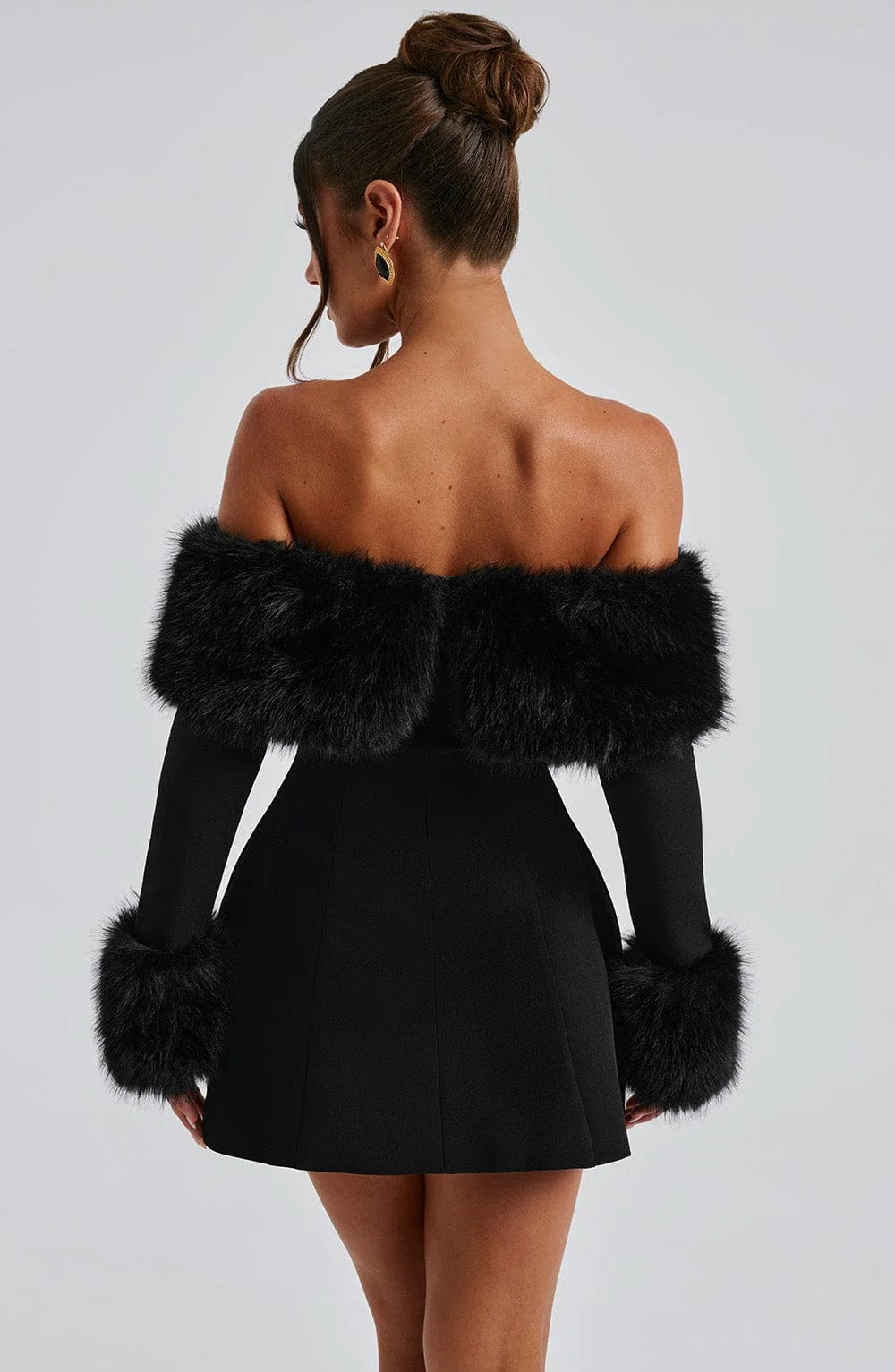 Women’s Off Shoulder Mini Dress with Faux Fur Trim for Winter Evening Wear