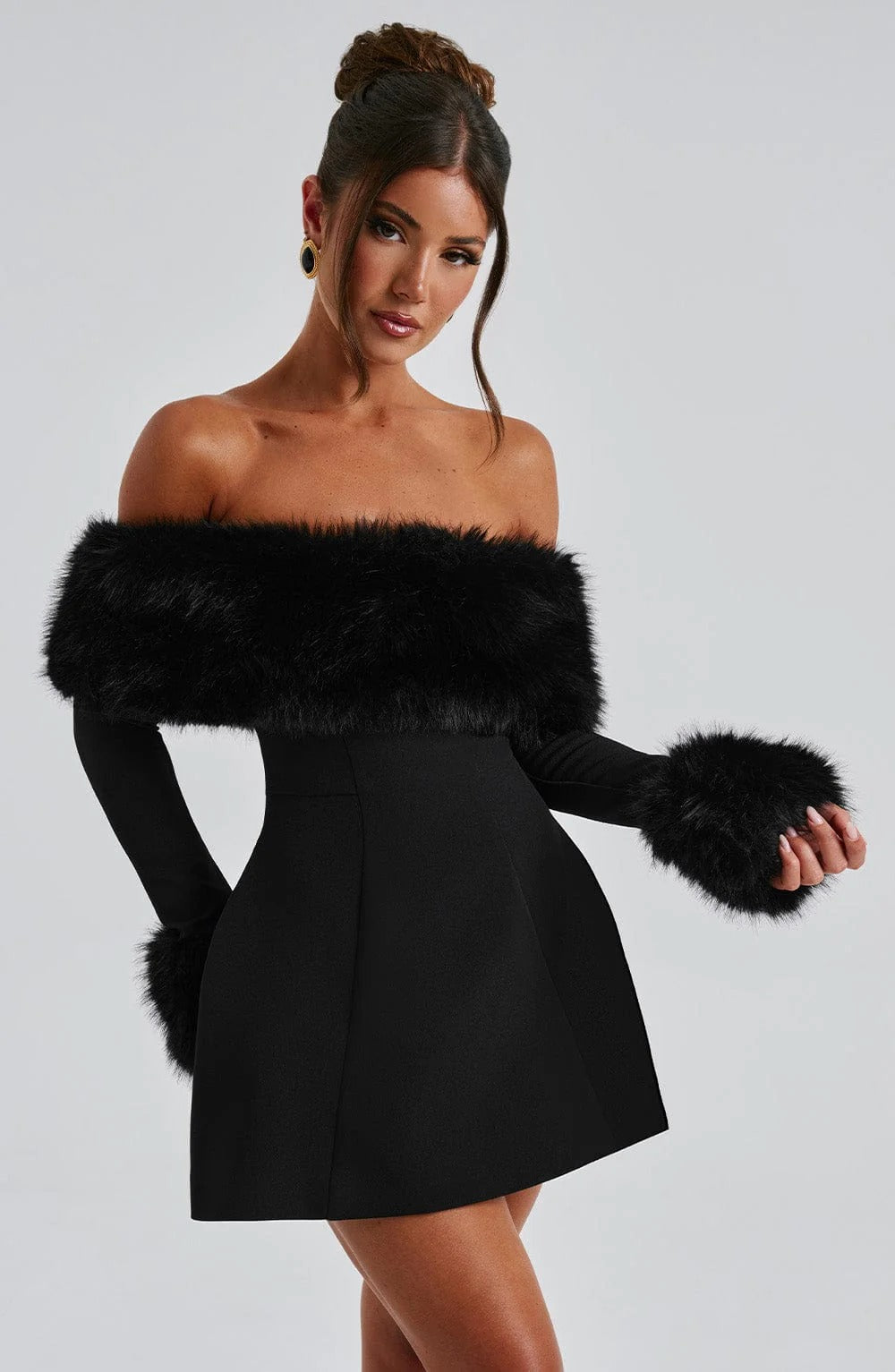 Women’s Off Shoulder Mini Dress with Faux Fur Trim for Winter Evening Wear