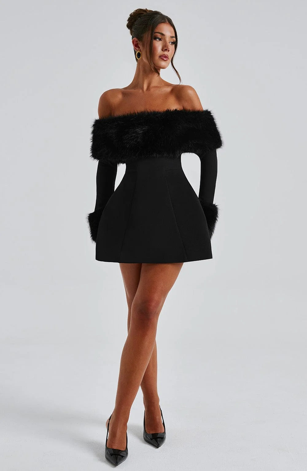 Women’s Off Shoulder Mini Dress with Faux Fur Trim for Winter Evening Wear