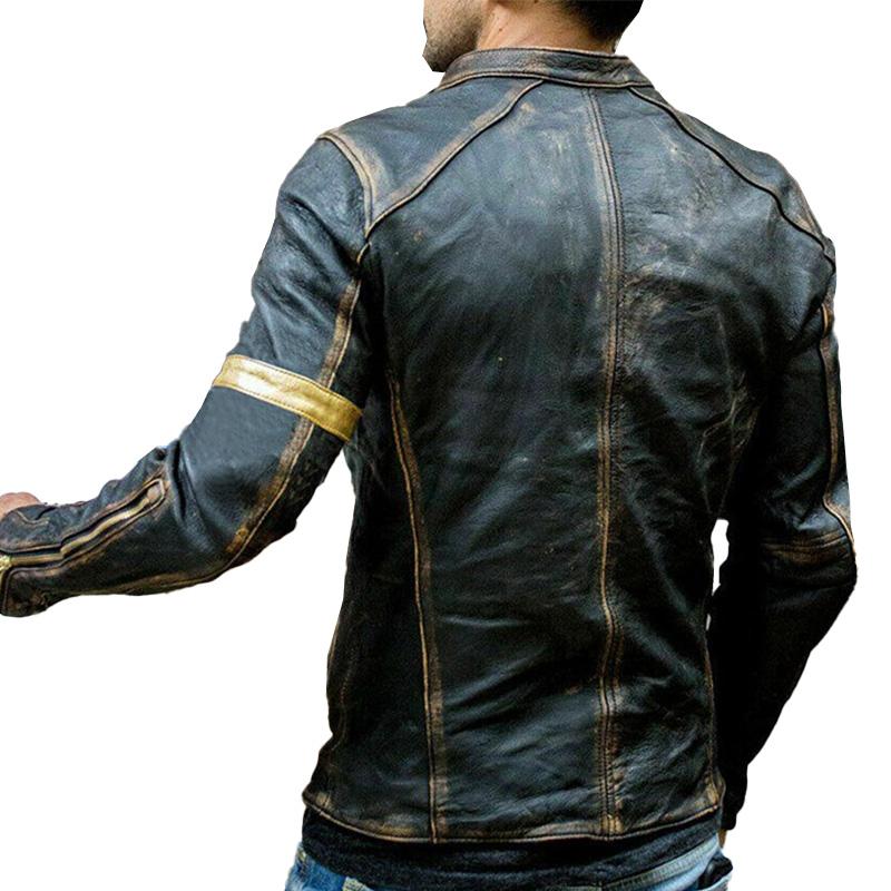 Men's Vintage Zip-Up Leather Jacket with Stand-Up Collar 4H7J9K2B1