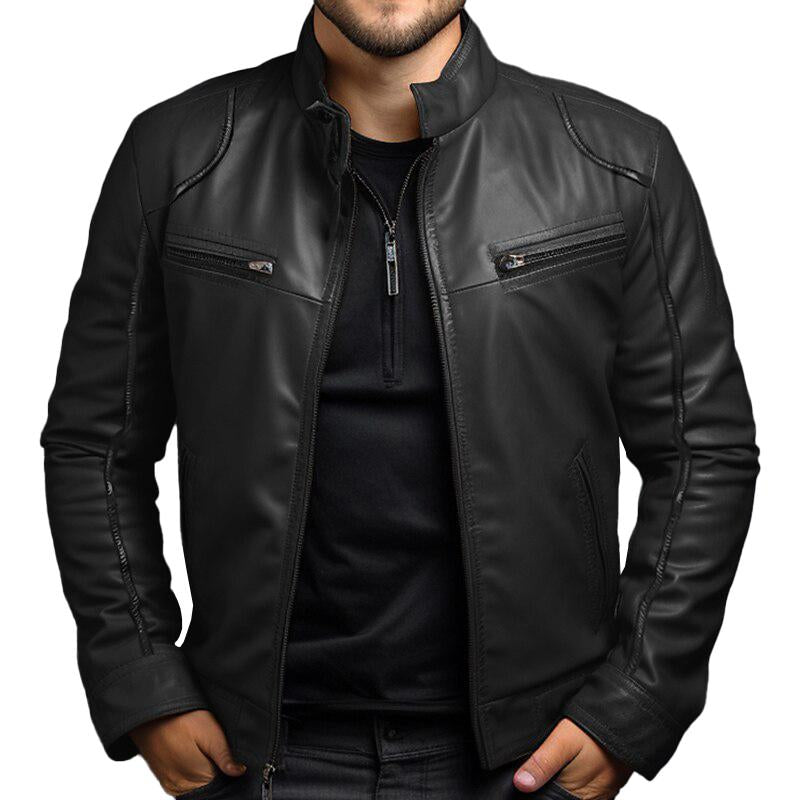 Men's Vintage Zipper Slim Leather Jacket with Stand-Up Collar 4F9K3B2J7