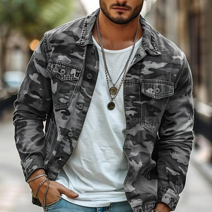 Men's Vintage Camo Canvas Jacket with Lapel 3F8K1Z4B2