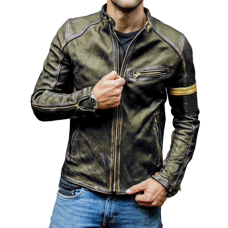 Men's Vintage Zip-Up Leather Jacket with Stand-Up Collar 4H7J9K2B1