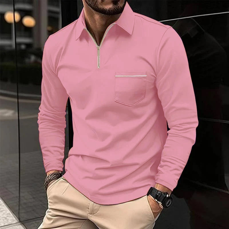 Men's Zippered Lapel Long Sleeve Polo with Chest Pocket 74920183Y