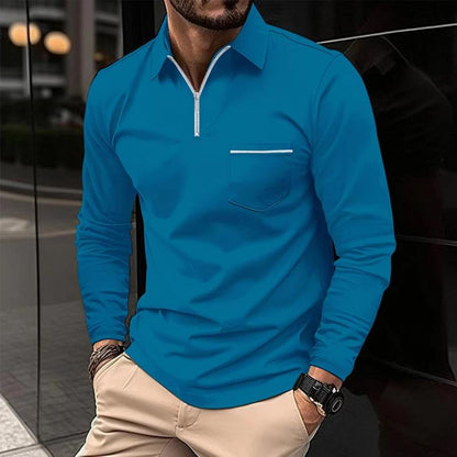 Men's Zippered Lapel Long Sleeve Polo with Chest Pocket 74920183Y