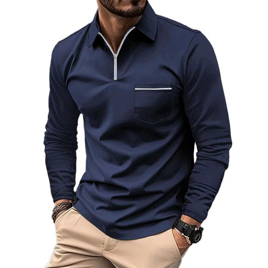 Men's Zippered Lapel Long Sleeve Polo with Chest Pocket 74920183Y