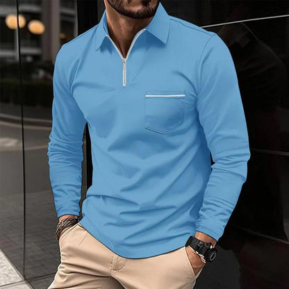 Men's Zippered Lapel Long Sleeve Polo with Chest Pocket 74920183Y