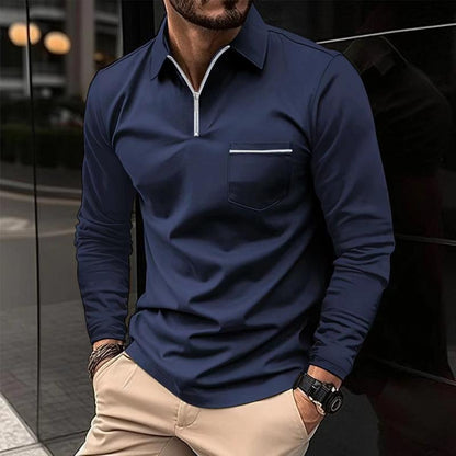 Men's Zippered Lapel Long Sleeve Polo with Chest Pocket 74920183Y