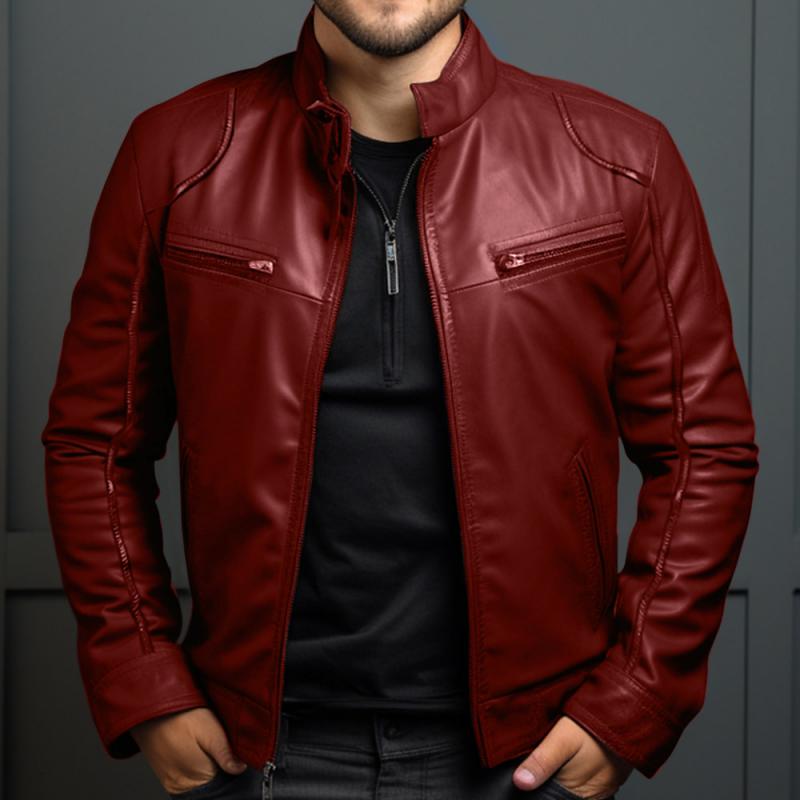 Men's Vintage Zipper Slim Leather Jacket with Stand-Up Collar 4F9K3B2J7