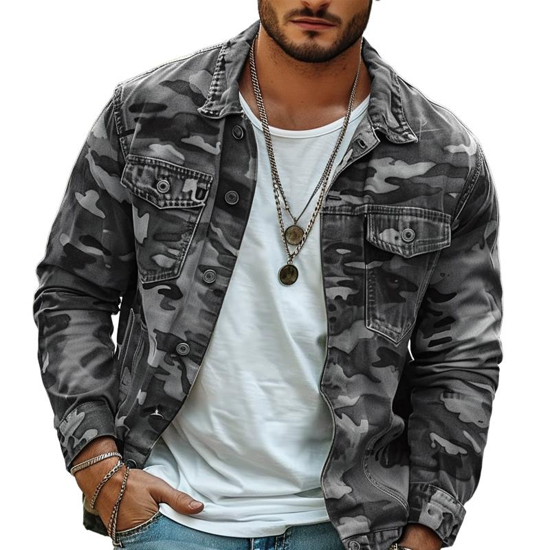 Men's Vintage Camo Canvas Jacket with Lapel 3F8K1Z4B2