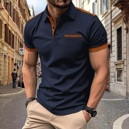 Men's Two-Tone Short Sleeve Polo with Chest Pocket and Collar 73958201Y