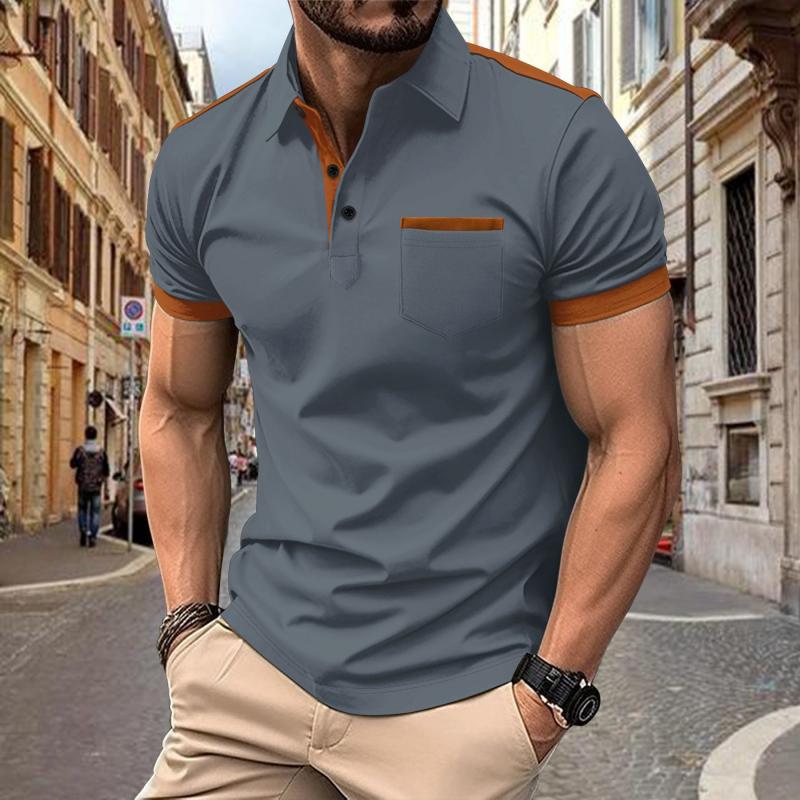 Men's Two-Tone Short Sleeve Polo with Chest Pocket and Collar 73958201Y