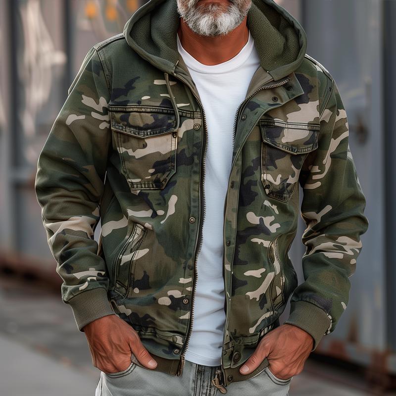 Men's Camouflage Hooded Cargo Jacket with Multiple Pockets 8J3K1L5M2