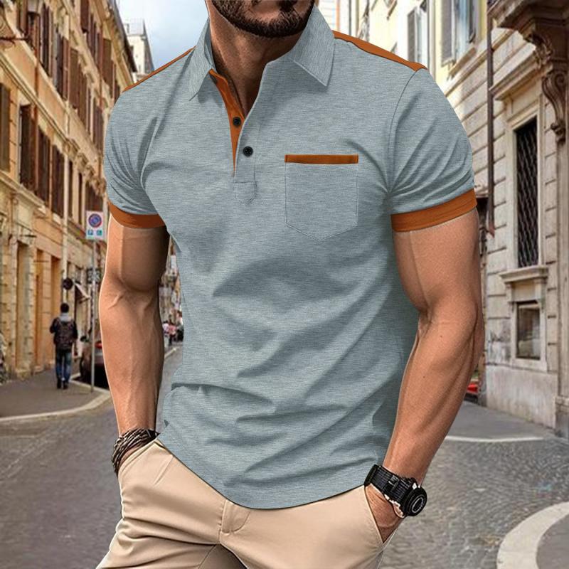 Men's Two-Tone Short Sleeve Polo with Chest Pocket and Collar 73958201Y