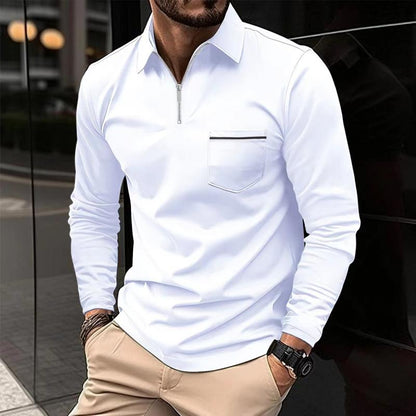 Men's Zippered Lapel Long Sleeve Polo with Chest Pocket 74920183Y