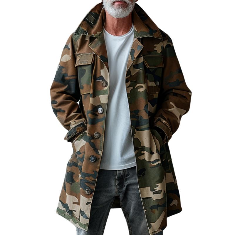 Men's Camo Mid-Length Cargo Trench Coat with Lapel and Chest Pocket 47382910Y